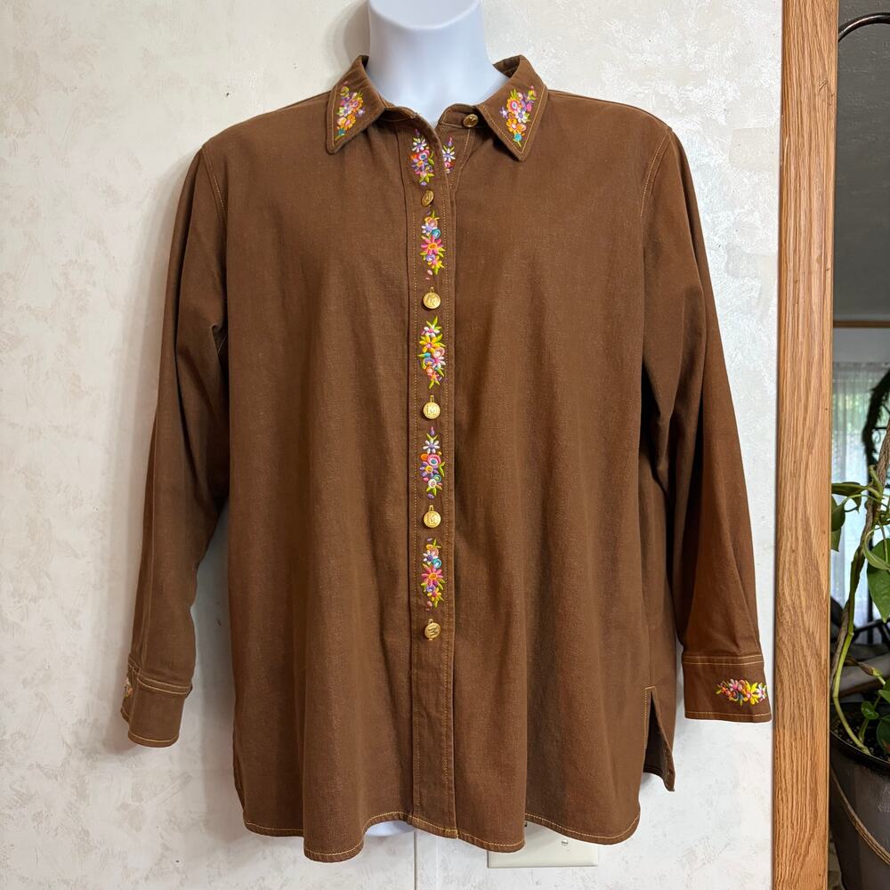VTG Bob Mackie Wearable Art Embroidered Floral Maypole Button Up Brown Shirt 2X